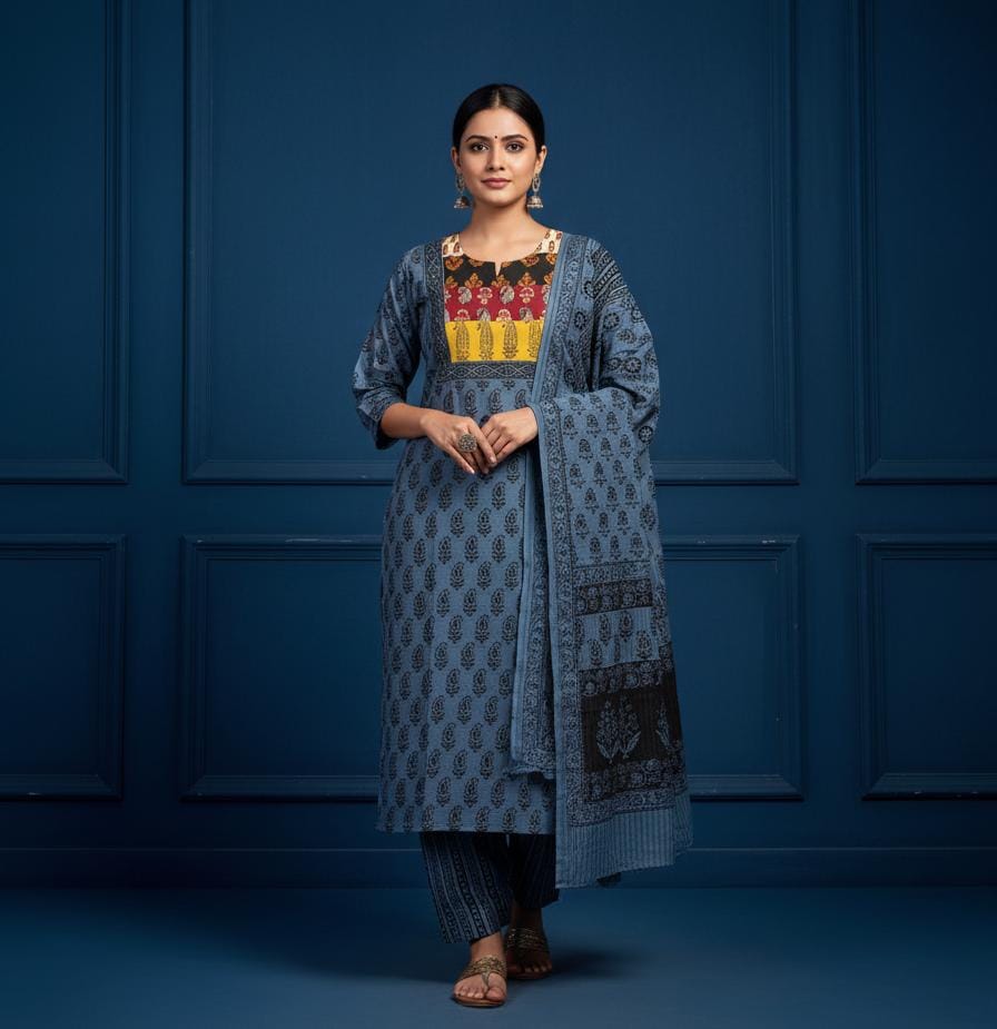Women's Premium Patch Work Straight Kurta Pant & Dupatta Set