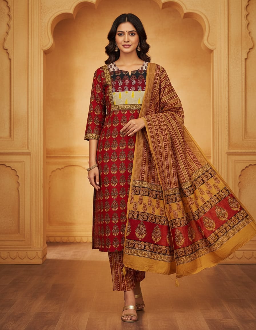 Women's Premium Patch Work Straight Kurta Pant & Dupatta Set
