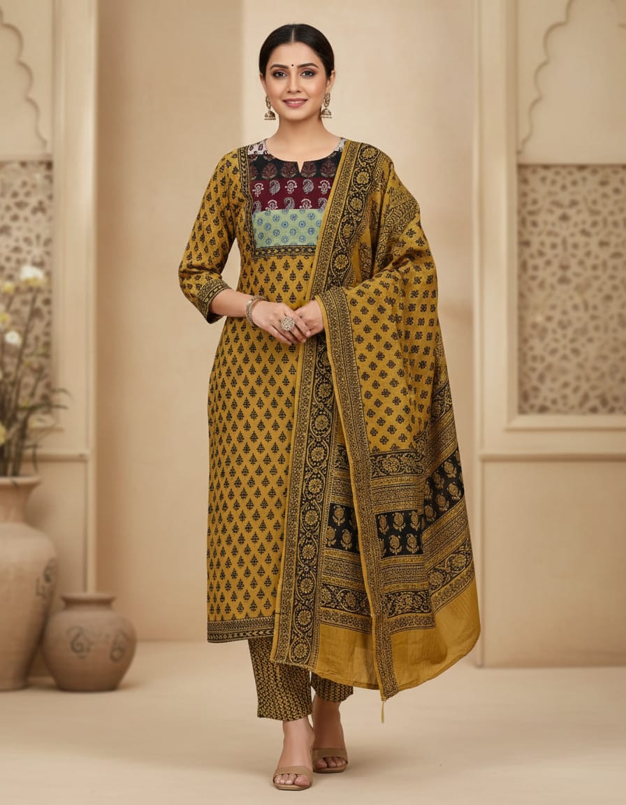 Women's Premium Patch Work Straight Kurta Pant & Dupatta Set