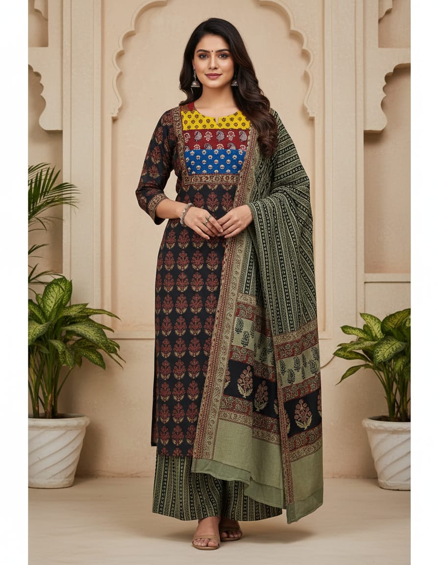 Women's Premium Patch Work Straight Kurta Pant & Dupatta Set