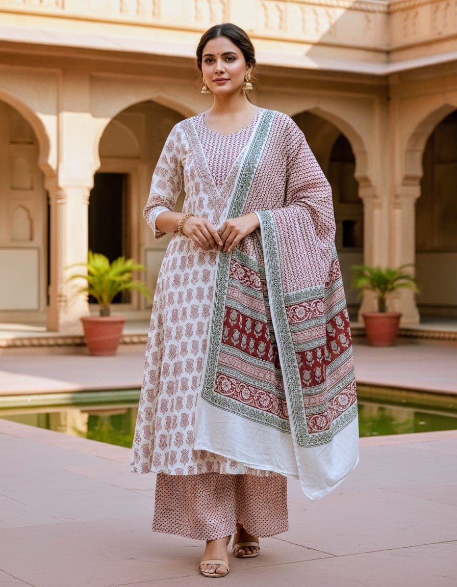 Women's Premium V-Neck Kurta Palazzo & Dupatta Set
