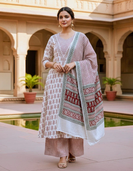 Women's Premium V-Neck Kurta Palazzo & Dupatta Set