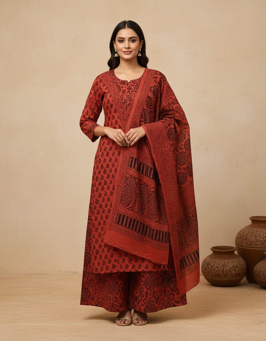 Women's Premium V-Neck Kurta Palazzo & Dupatta Set