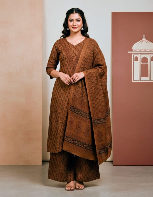 Women's Premium V-Neck Kurta Palazzo & Dupatta Set