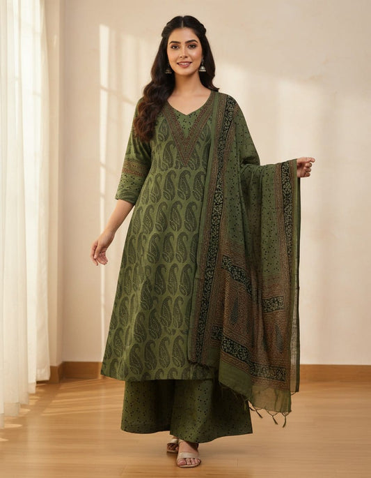 Women's Premium V-Neck Kurta Palazzo & Dupatta Set