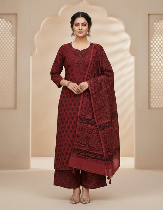 Women's Designer V-Neck Kurta Palazzo & Dupatta Set