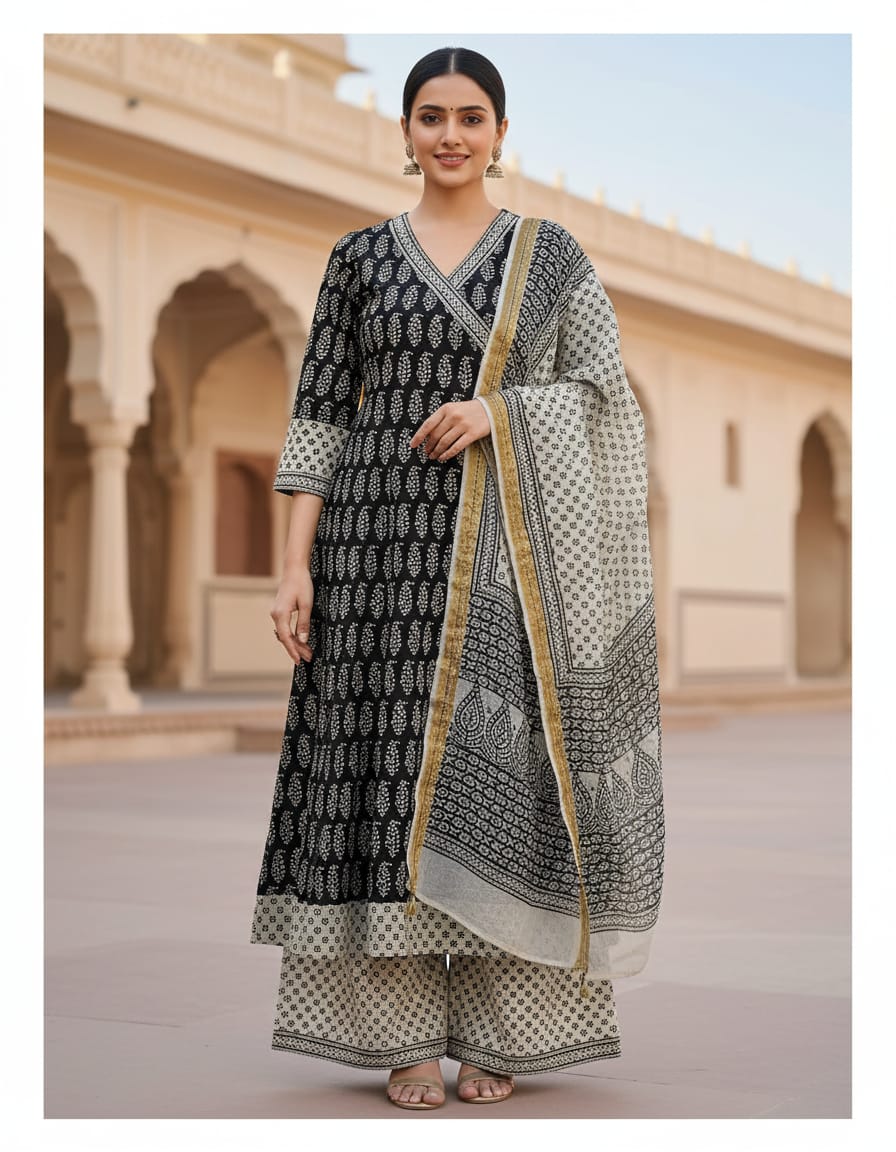 Women's Premium Angrakha Kurti Palazzo & Dupatta Set