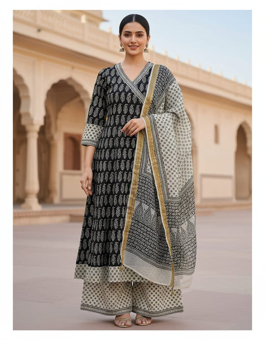 Women's Premium Angrakha Kurti Palazzo & Dupatta Set
