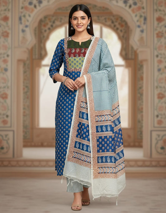 Women's Premium Patch Work Straight Kurta Pant & Dupatta Set