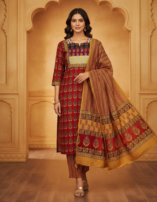 Women's Premium Patch Work Straight Kurta Pant & Dupatta Set