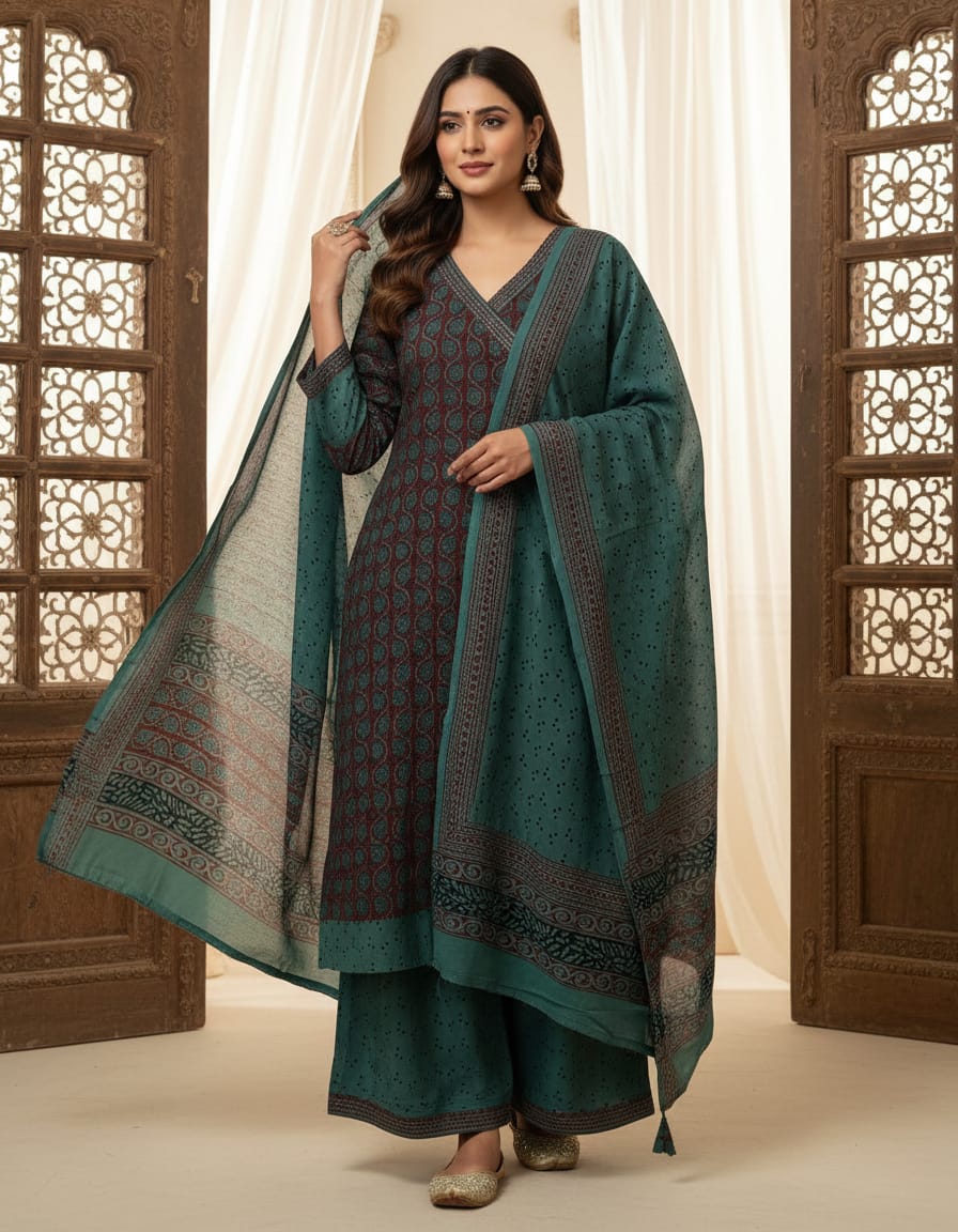 Women's Premium Angrakha A-Line Kurti Palazzo & Dupatta Suit Set